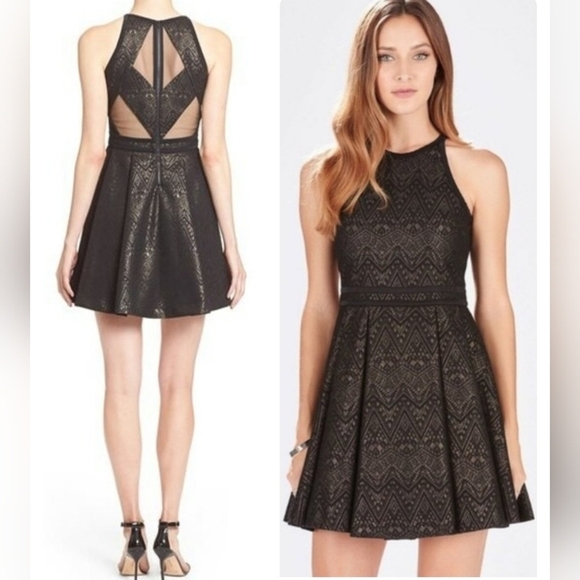 PARKER Black & Gold Geometrical Textured Print In Gold Black Flare Dress Size M